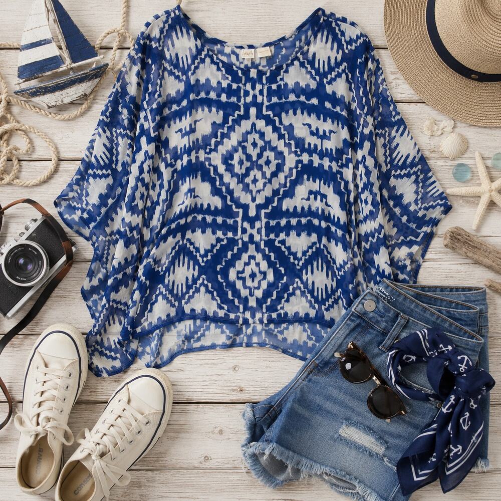 Beach Blue White Geometric Boho Blouse S – Loose Fit Wide Sleeve Festival Top